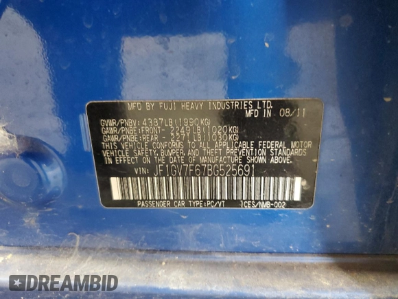2011 Subaru WRX WRX Limited z VIN JF1GV7F67BG525691, wystawiony jako Copart lot #57609105 z przebiegiem 149 063 mil mil oraz Czysty tytuł • Clean title. Historia ofert i sprzedaży dostępna na DreamBid. Obrazek 12.