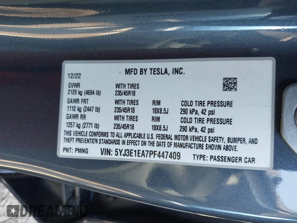 2023 Tesla Model 3 with VIN 5YJ3E1EA7PF447409, listed as a IAAI auction lot 41965416 with 40,033 mi miles and . Bid and sale history available at DreamBid. Image 9.