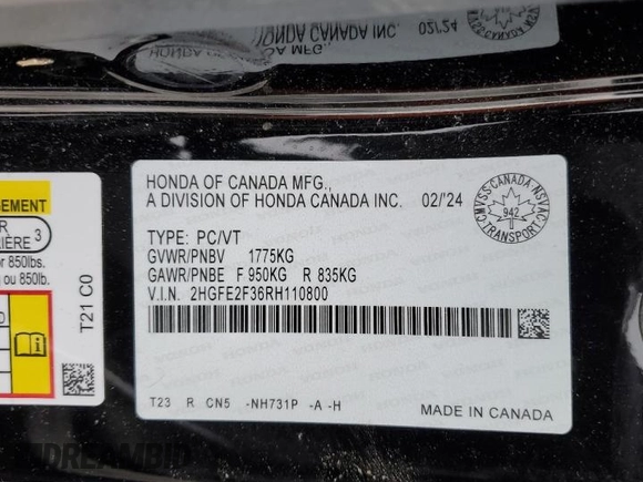 2024 Honda Civic Sedan EX with VIN 2HGFE2F36RH110800, listed as a Copart auction lot 44919745 with 21,221 mi miles and Salvage Title. Bid and sale history available at carsss.com. Image 12.