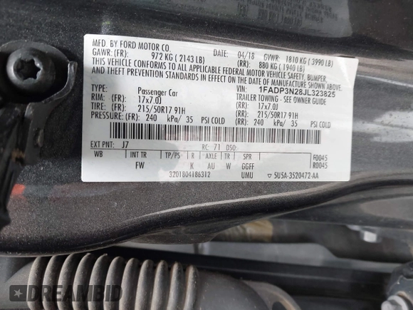 2018 Ford Focus Titanium with VIN 1FADP3N28JL323825, listed as a IAAI auction lot 42341286 with 46,565 mi miles and . Bid and sale history available at DreamBid. Image 9.