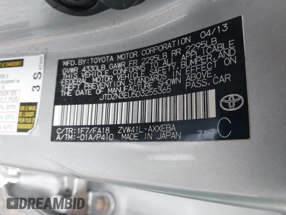 2013 Toyota Prius Two with VIN JTDZN3EU5D3255365, listed as a IAAI auction lot 41724204 with 122,264 mi miles and . Bid and sale history available at DreamBid. Image 9.