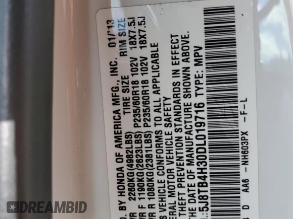 2013 Acura RDX with VIN 5J8TB4H30DL019716, listed as a Copart auction lot 53211935 with 121,075 mi miles and Salvage title. Bid and sale history available at DreamBid. Image 15.