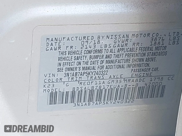 2019 Nissan Sentra SV z VIN 3N1AB7AP5KY240322, wystawiony jako IAAI lot #42144271 z przebiegiem 107 831 mil mil oraz . Historia ofert i sprzedaży dostępna na DreamBid. Obrazek 9.