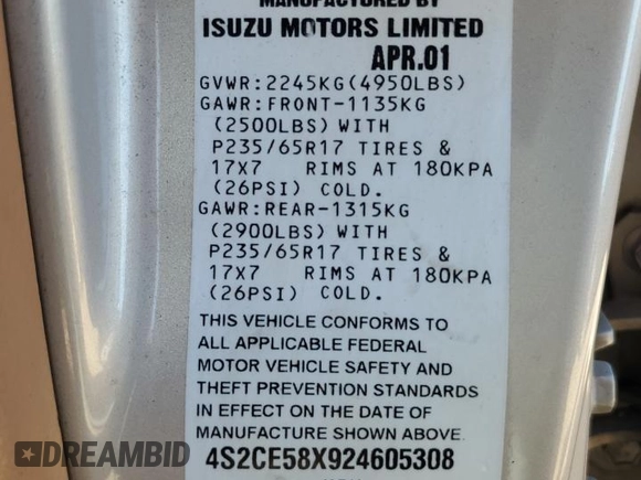 2002 Isuzu Axiom with VIN 4S2CE58X924605308, listed as a Copart auction lot 74872754 with 191,102 mi miles and Salvage Title. Bid and sale history available at carsss.com. Image 12.