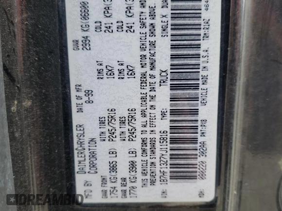 2000 Dodge 1500 z VIN 1B7HF13Z7YJ115816, wystawiony jako Copart lot #84693474 z przebiegiem 189 647 mil mil oraz Szkoda całkowita • Salvage title. Historia ofert i sprzedaży dostępna na DreamBid. Obrazek 12.