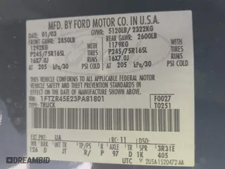 2003 Ford Ranger XL Fleet with VIN 1FTZR45E23PA81801, listed as a IAAI auction lot 41825231 with 105,092 mi miles. Bid and sale history available at carsss.com. Image 9.