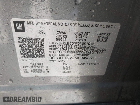 2021 GMC Terrain SLE с VIN 3GKALTEV2ML349661, выставлен на аукционе IAAI как лот 42134008 с пробегом 50 288 миль миль и . История ставок и продаж доступна на DreamBid. Изображение 9.