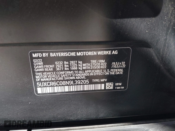 2022 BMW X5 xDrive40i with VIN 5UXCR6C08N9L39205, listed as a IAAI auction lot 42292571 with 98,275 mi miles and . Bid and sale history available at DreamBid. Image 9.