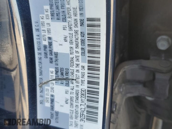 2020 Mazda 3 Select with VIN 3MZBPACL7LM133630, listed as a Copart auction lot 52087235 with 40,452 mi miles and Clean title. Bid and sale history available at DreamBid. Image 12.
