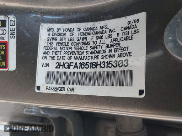 2008 Honda Civic LX with VIN 2HGFA16518H315303, listed as a IAAI auction lot 41760098 with 116,896 mi miles and . Bid and sale history available at DreamBid. Image 9.