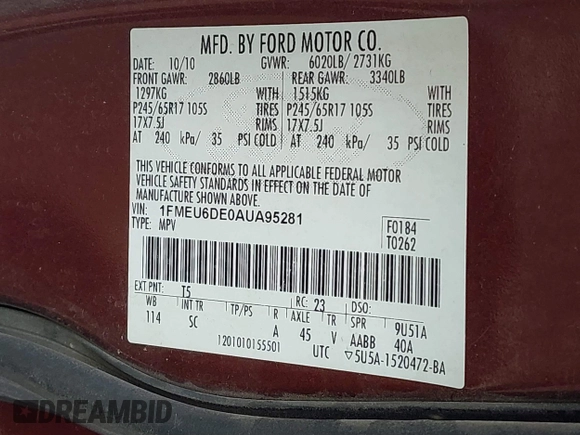 2010 Ford Explorer XLT with VIN 1FMEU6DE0AUA95281, listed as a IAAI auction lot 41510867 with 194,122 mi miles and . Bid and sale history available at DreamBid. Image 9.