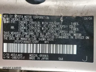 2006 Toyota Highlander w/3rd Row with VIN JTEEP21AX60172089, listed as a Copart auction lot 44143415 with 244,715 mi miles and Salvage Title. Bid and sale history available at carsss.com. Image 15.