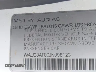 2018 Audi A6 Premium with VIN WAUC8AFC0JN098123, listed as a IAAI auction lot 41990057 with 1 mi miles. Bid and sale history available at carsss.com. Image 9.
