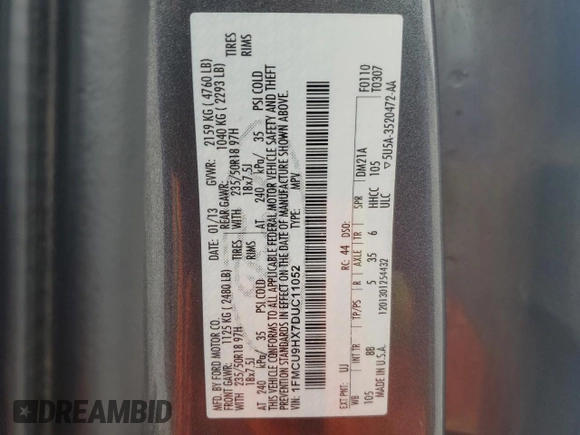 2013 Ford Escape SEL z VIN 1FMCU9HX7DUC11052, wystawiony jako Copart lot #62377515 z przebiegiem 225 704 mil mil oraz Szkoda całkowita • Salvage title. Historia ofert i sprzedaży dostępna na DreamBid. Obrazek 13.