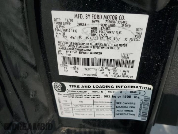 2011 Ford F-150 XL with VIN 1FTFW1EF5BFA50629, listed as a Copart auction lot 60555855 with Not provided miles and Salvage title. Bid and sale history available at DreamBid. Image 12.