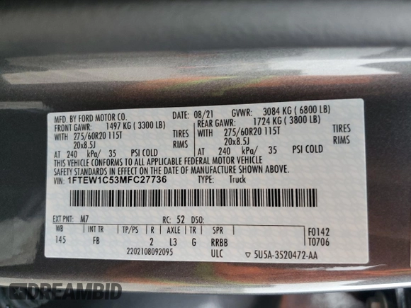 2021 Ford F-150 XL z VIN 1FTEW1C53MFC27736, wystawiony jako Copart lot #42111855 z przebiegiem 68 945 mil mil oraz Szkoda całkowita • Salvage title. Historia ofert i sprzedaży dostępna na DreamBid. Obrazek 12.