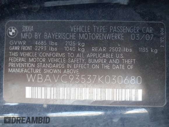 2007 BMW 3 Series 328xi with VIN WBAVC93537K030680, listed as a IAAI auction lot 41891416 with 97,816 mi miles and . Bid and sale history available at DreamBid. Image 9.