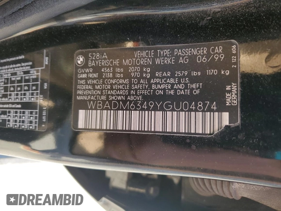 2000 BMW 5 Series 528iA with VIN WBADM6349YGU04874, listed as a Copart auction lot 45578875 with 89,674 mi miles and Salvage Title. Bid and sale history available at carsss.com. Image 12.