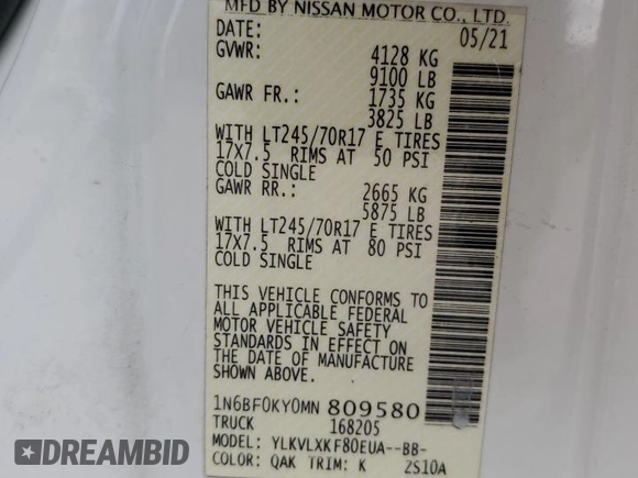 2021 Nissan NV Cargo SV z VIN 1N6BF0KY0MN809580, wystawiony jako Copart lot #78304714 z przebiegiem 61 689 mil mil oraz Szkoda całkowita • Salvage title. Historia ofert i sprzedaży dostępna na DreamBid. Obrazek 14.