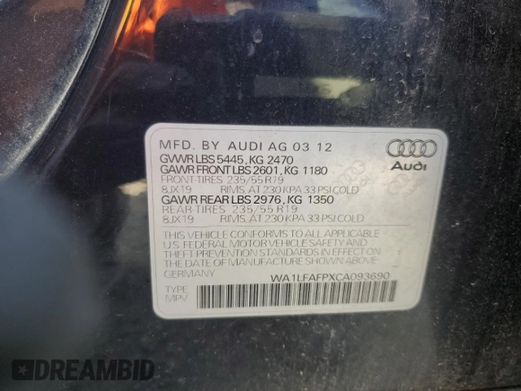 2012 Audi Q5 2.0T Premium Plus with VIN WA1LFAFPXCA093690, listed as a Copart auction lot 55271715 with 135,996 mi miles and Clean Title. Bid and sale history available at carsss.com. Image 13.