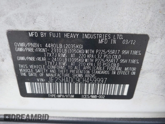 2012 Subaru Forester X Premium with VIN JF2SHADC9CH459997, listed as a IAAI auction lot 42588978 with 112,747 mi miles and . Bid and sale history available at DreamBid. Image 9.
