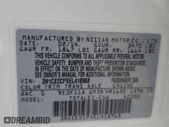 2014 Nissan Note S with VIN 3N1CE2CPXEL418968, listed as a Copart auction lot 51977225 with 153,123 mi miles and Salvage Title. Bid and sale history available at DreamBid. Image 13.