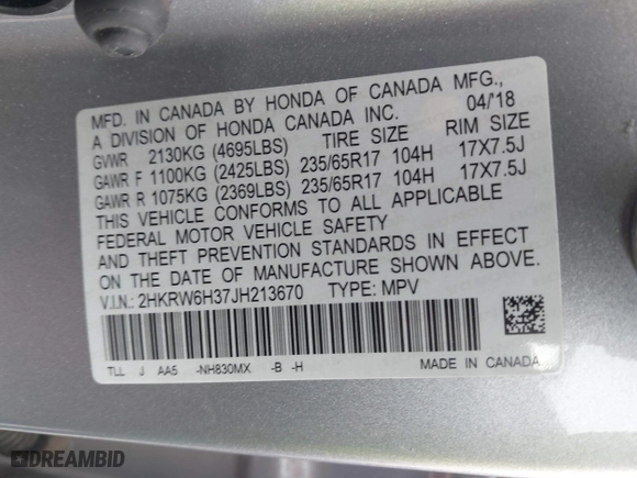 2018 Honda CR-V LX with VIN 2HKRW6H37JH213670, listed as a IAAI auction lot 41596374 with 96,105 mi miles. Bid and sale history available at carsss.com. Image 9.