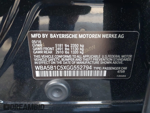2016 BMW 5 Series 535i with VIN WBA5B1C5XGG552794, listed as a IAAI auction lot 41681624 with 88,902 mi miles and . Bid and sale history available at DreamBid. Image 9.