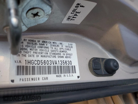 1997 Honda Accord Special Edition z VIN 1HGCD5603VA135630, wystawiony jako Copart lot #57807945 z przebiegiem 202 533 mil mil oraz Szkoda całkowita • Salvage title. Historia ofert i sprzedaży dostępna na DreamBid. Obrazek 12.
