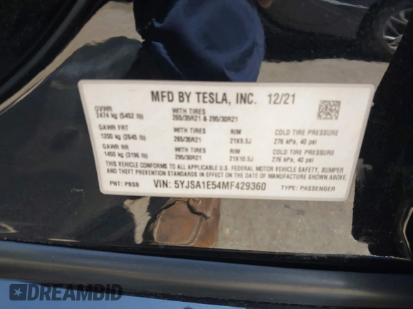 2021 Tesla Model S Long Range z VIN 5YJSA1E54MF429360, wystawiony jako IAAI lot #42662440 z przebiegiem 36 395 mil mil oraz . Historia ofert i sprzedaży dostępna na DreamBid. Obrazek 9.