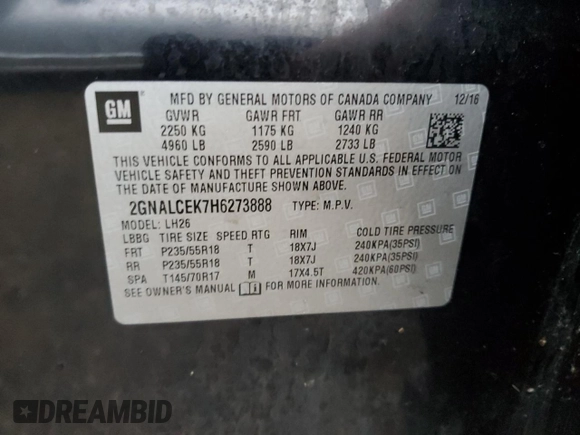 2017 Chevrolet Equinox LT with VIN 2GNALCEK7H6273888, listed as a Copart auction lot 51237435 with 157,525 mi miles and Salvage Title. Bid and sale history available at carsss.com. Image 13.