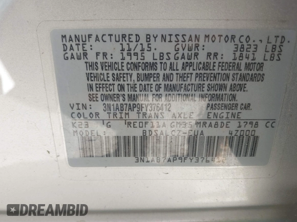 2015 Nissan Sentra SL with VIN 3N1AB7AP9FY376412, listed as a IAAI auction lot 41743212 with 11,298 mi miles and . Bid and sale history available at DreamBid. Image 9.