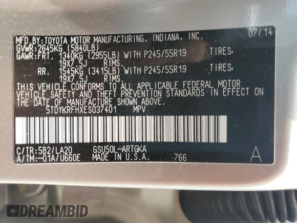 2014 Toyota Highlander Limited with VIN 5TDYKRFHXES037401, listed as a Copart auction lot 63814895 with 156,508 mi miles and Clean title. Bid and sale history available at DreamBid. Image 13.