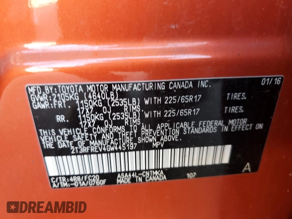 2016 Toyota RAV4 XLE with VIN 2T3RFREV4GW445197, listed as a Copart auction lot 53206365 with 114,072 mi miles and Salvage title. Bid and sale history available at DreamBid. Image 14.