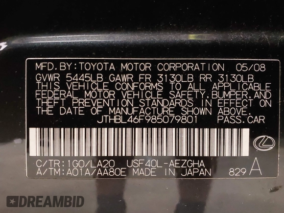2008 Lexus LS 460 с VIN JTHBL46F985079801, выставлен на аукционе IAAI как лот 42489077 с пробегом 170 961 миль миль и . История ставок и продаж доступна на DreamBid. Изображение 9.