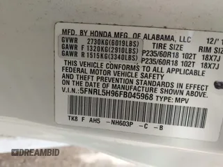 2015 Honda Odyssey Touring Elite with VIN 5FNRL5H96FB045968, listed as a IAAI auction lot 42263637 with 207,637 mi miles and . Bid and sale history available at DreamBid. Image 9.