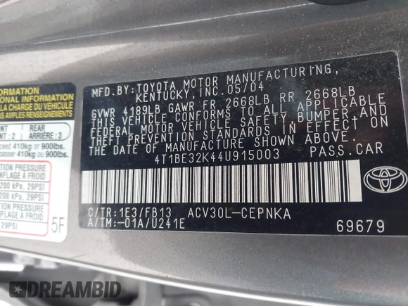 2004 Toyota Camry LE with VIN 4T1BE32K44U915003, listed as a IAAI auction lot 41794140 with 190,217 mi miles and . Bid and sale history available at DreamBid. Image 9.