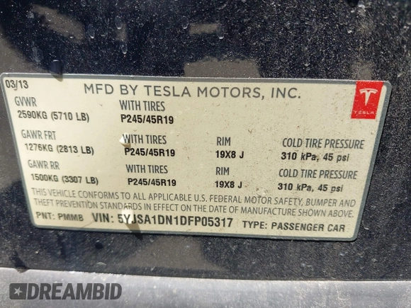 2013 Tesla Model S with VIN 5YJSA1DN1DFP05317, listed as a IAAI auction lot 42086998 with 150,964 mi miles. Bid and sale history available at carsss.com. Image 9.
