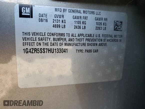 2017 Buick LaCrosse Premium with VIN 1G4ZR5SS7HU133041, listed as a Copart auction lot 50940235 with 108,480 mi miles and Salvage title. Bid and sale history available at DreamBid. Image 12.