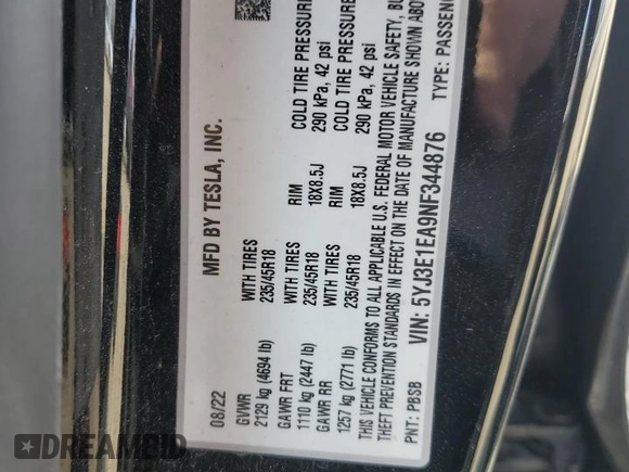 2022 Tesla Model 3 with VIN 5YJ3E1EA9NF344876, listed as a Copart auction lot 48306005 with 0 mi miles and Salvage Title. Bid and sale history available at carsss.com. Image 15.