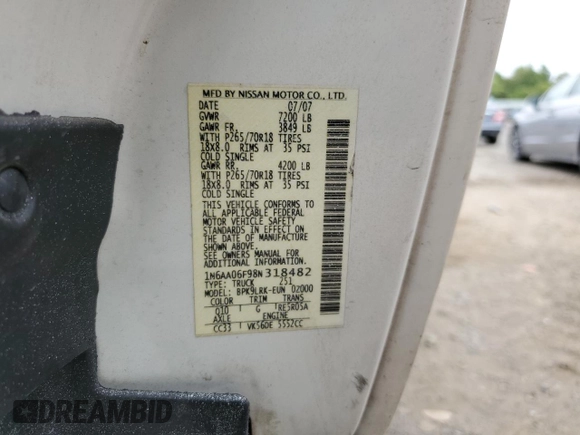 2008 Nissan Titan SE with VIN 1N6AA06F98N318482, listed as a Copart auction lot 70489284 with Not provided miles and Salvage title. Bid and sale history available at DreamBid. Image 12.