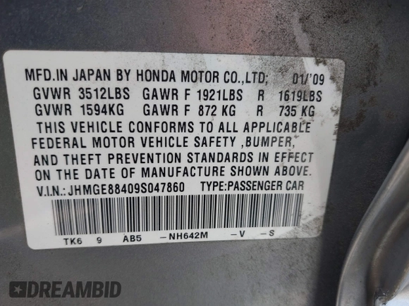2009 Honda Fit Sport с VIN JHMGE88409S047860, выставлен на аукционе IAAI как лот 42232769 с пробегом 170 014 миль миль и . История ставок и продаж доступна на DreamBid. Изображение 9.
