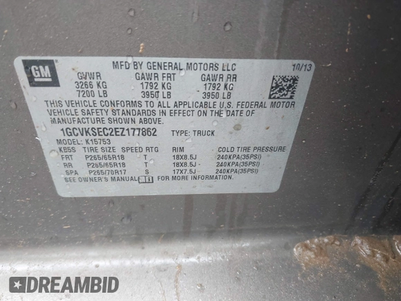 2014 Chevrolet Silverado 1500 LTZ with VIN 1GCVKSEC2EZ177862, listed as a IAAI auction lot 40847674 with Not Provided miles and . Bid and sale history available at DreamBid. Image 9.