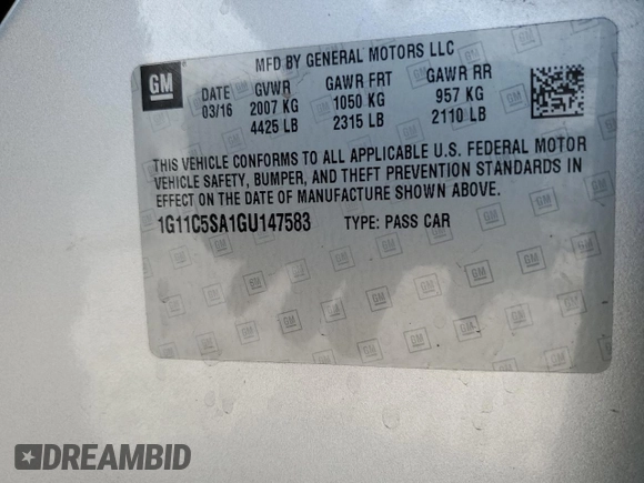 2016 Chevrolet Malibu Limited LT with VIN 1G11C5SA1GU147583, listed as a Copart auction lot 75842714 with Not Provided miles and Salvage Title. Bid and sale history available at carsss.com. Image 14.