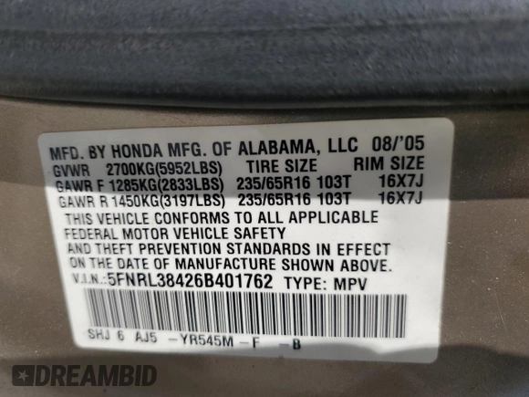 2006 Honda Odyssey EX with VIN 5FNRL38426B401762, listed as a Copart auction lot 61018525 with 145,370 mi miles and Salvage title. Bid and sale history available at DreamBid. Image 14.