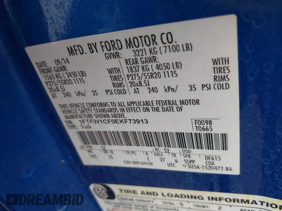 2014 Ford F-150 XL with VIN 1FTFW1CF0EKF73913, listed as a IAAI auction lot 41022140 with 207,342 mi miles. Bid and sale history available at carsss.com. Image 9.