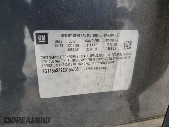 2014 Chevrolet Impala LTZ z VIN 2G1155S32E9156735, wystawiony jako Copart lot #55688325 z przebiegiem 129 710 mil mil oraz Szkoda całkowita • Salvage title. Historia ofert i sprzedaży dostępna na DreamBid. Obrazek 12.