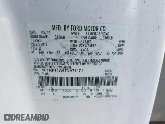 2007 Ford F-150 XL with VIN 1FTRF14W67NA73171, listed as a IAAI auction lot 41579282 with Not provided miles and . Bid and sale history available at DreamBid. Image 9.