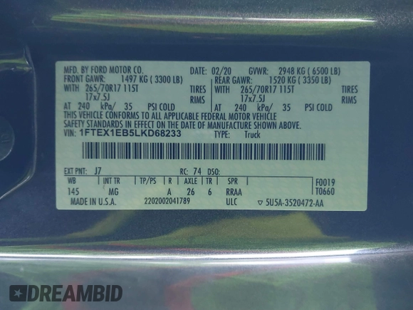 2020 Ford F-150 XL with VIN 1FTEX1EB5LKD68233, listed as a IAAI auction lot 41353246 with 53,184 mi miles and . Bid and sale history available at DreamBid. Image 9.