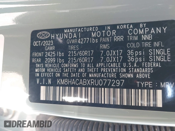 2024 Hyundai Kona SE with VIN KM8HACABXRU077297, listed as a IAAI auction lot 41562438 with 20,660 mi miles and . Bid and sale history available at carsss.com. Image 9.